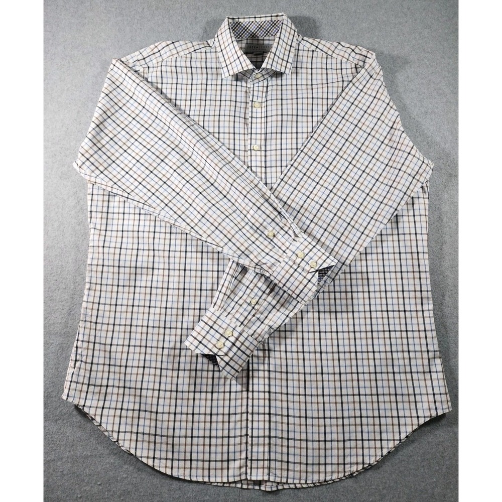 Thomas Dean Men's Dress Shirt, Size XL, White Plaid, Contrasting Trim